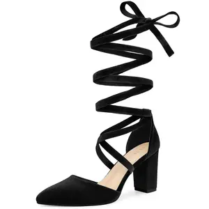 BLISSFUL STEP Women's Velvet Lace Up Chunky Heels Pointed Toe Pumps