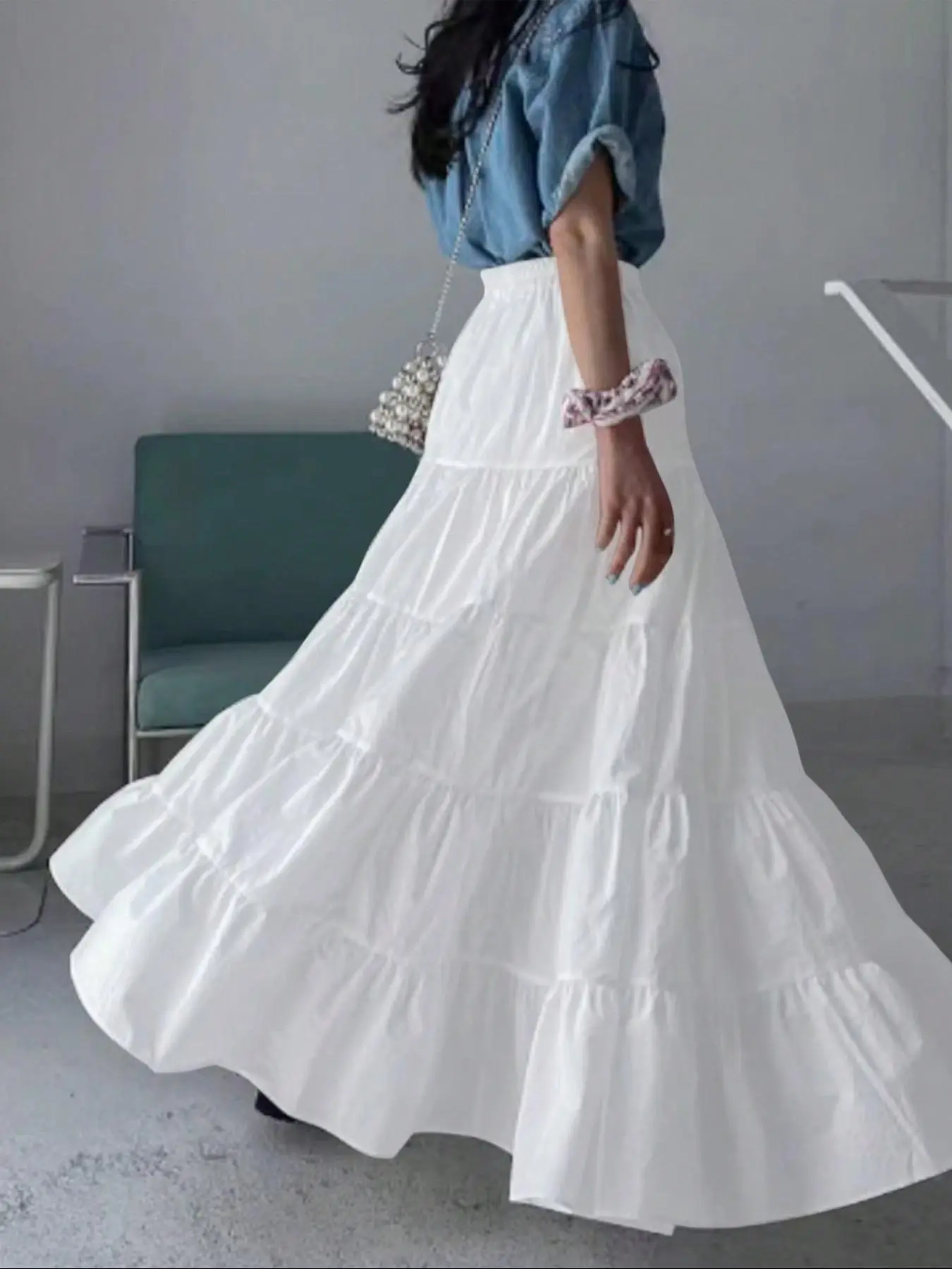Women's Tiered Maxi Skirt High Waisted Ruffle Flowy Boho Elegance Solid Fabric Minimalist Casual Commuter Spring Summer Festival Holiday Trendy Boho Casual Skirts