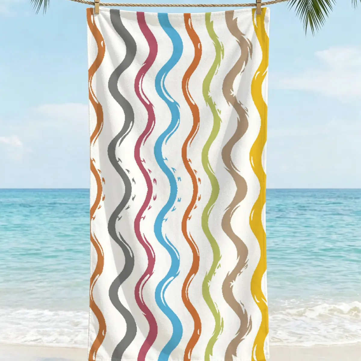 Modern Colorful Wavy Stripe Beach Towel, Soft Microfiber Quick Dry Absorbent Towel for Beach, Pool, Bath, Gym & Travel, Lightweight Sand-Free Towel, 16×24 in / 30×60 in