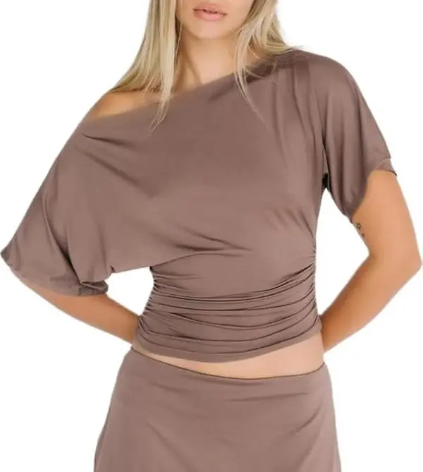 Women's Off Shoulder T Shirt Solid Ruched Slim Short Sleeves One Shoulder Y2K Shirt Tops Green, Sexy Hot Girl Slim Fit Top, niche T-shirt for women, summer short style, sexy and stylish with exposed shoulders