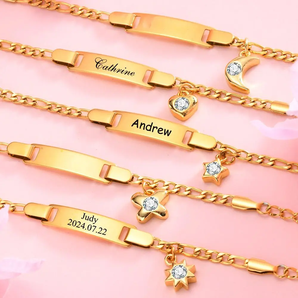 Vnox Free Engrave Baby Girls Name Birthdate Bracelets, Hypoallergenic Boys Heart Star ID Bracelets,Custom Newborn Baptism Gift