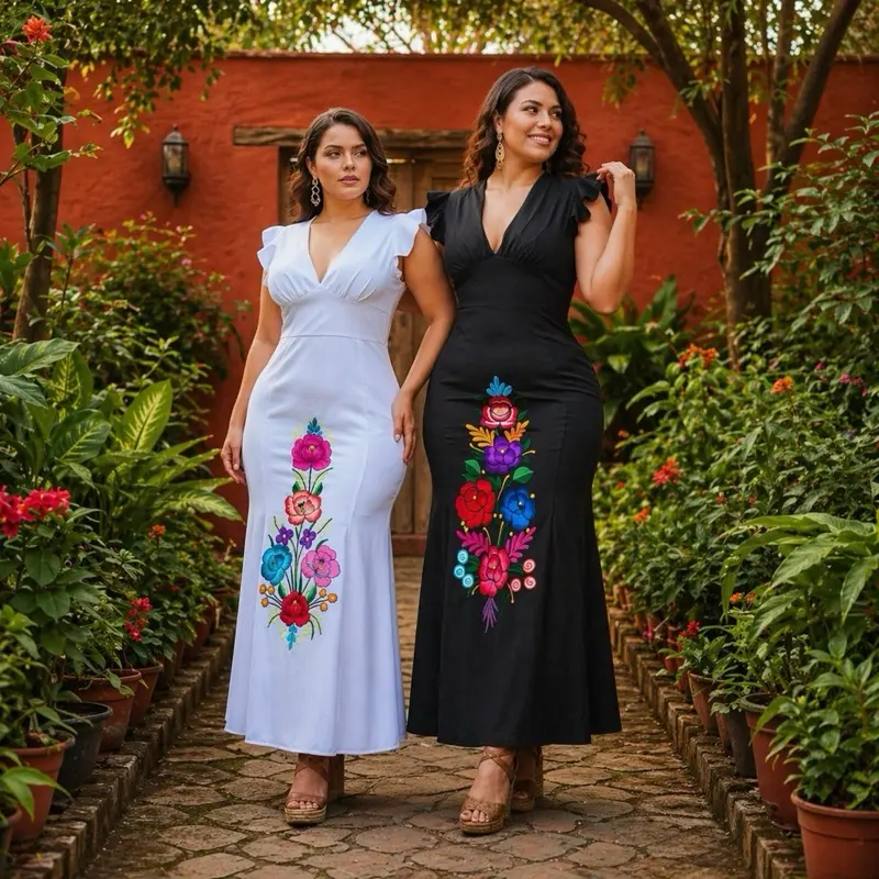 elegant mexican formal dress Mexican Embroidered Maxi Dress. Size S