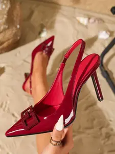 New Summer Patent Leather Pointed Toe Square Buckle Slingback Stiletto High Heel Open Back Sandals, Versatile Heels for Work Interview Date Wedding Party Daily Wear