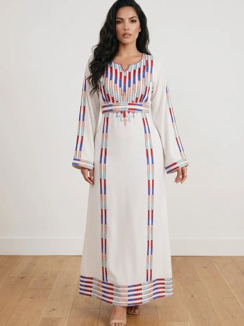 Women's Embroidered Abaya with Long Sleeves and Belt, Modern Jordanian Style Modest Fashion for Casual or Formal Events, Women's Clothes