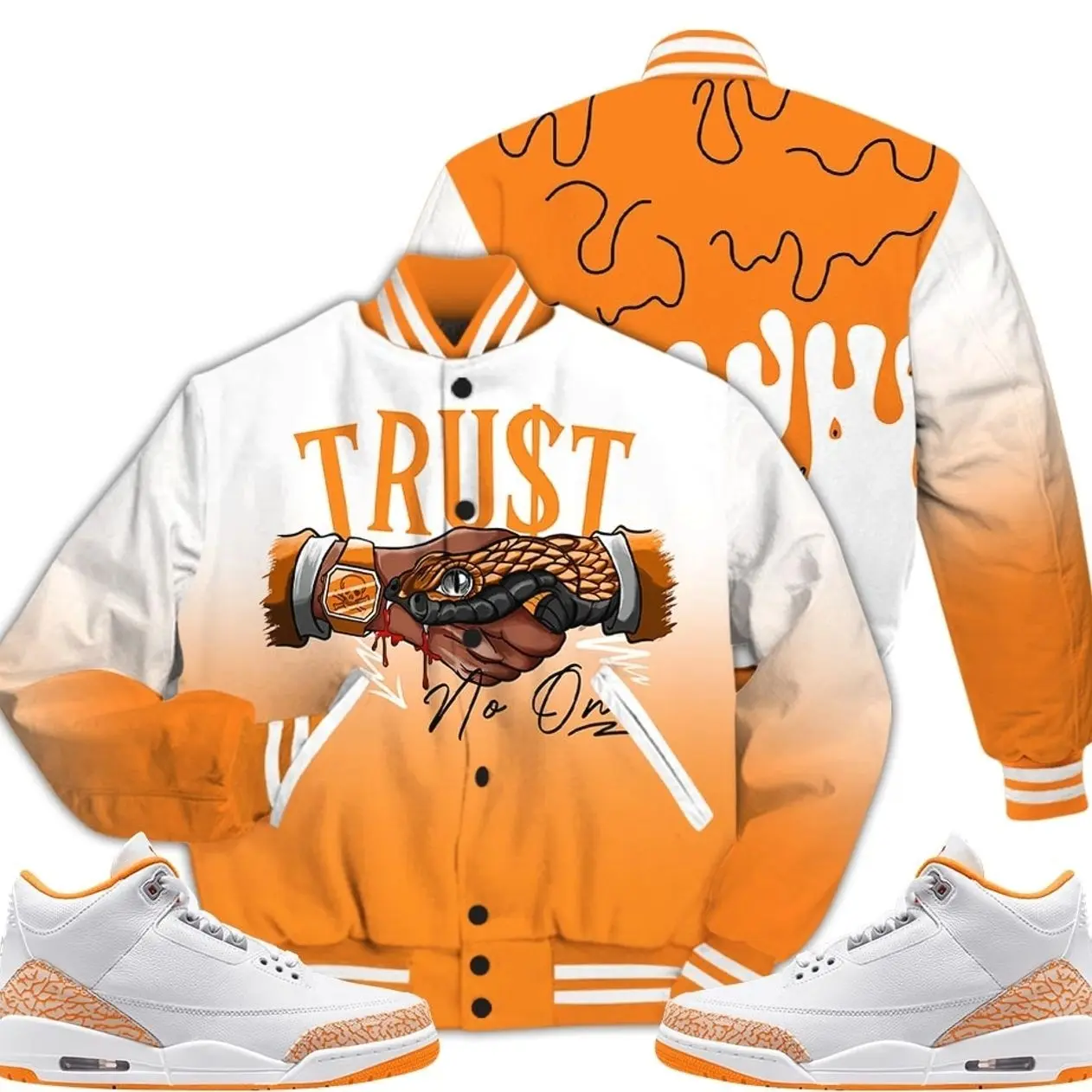 3 White Orange Peel Varsity Jacket, Orange Citrus 3s Outfit Snake Trust No One Shirts To Match Sneaker Streetwear
