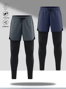 Two piece style high elastic quick dry sports pants men's gym training breathable sweat wicking phone pocket slim fit, double layer fabric drawstring waist athletic pants running expert morning run night run high elastic quick dry base layer pants