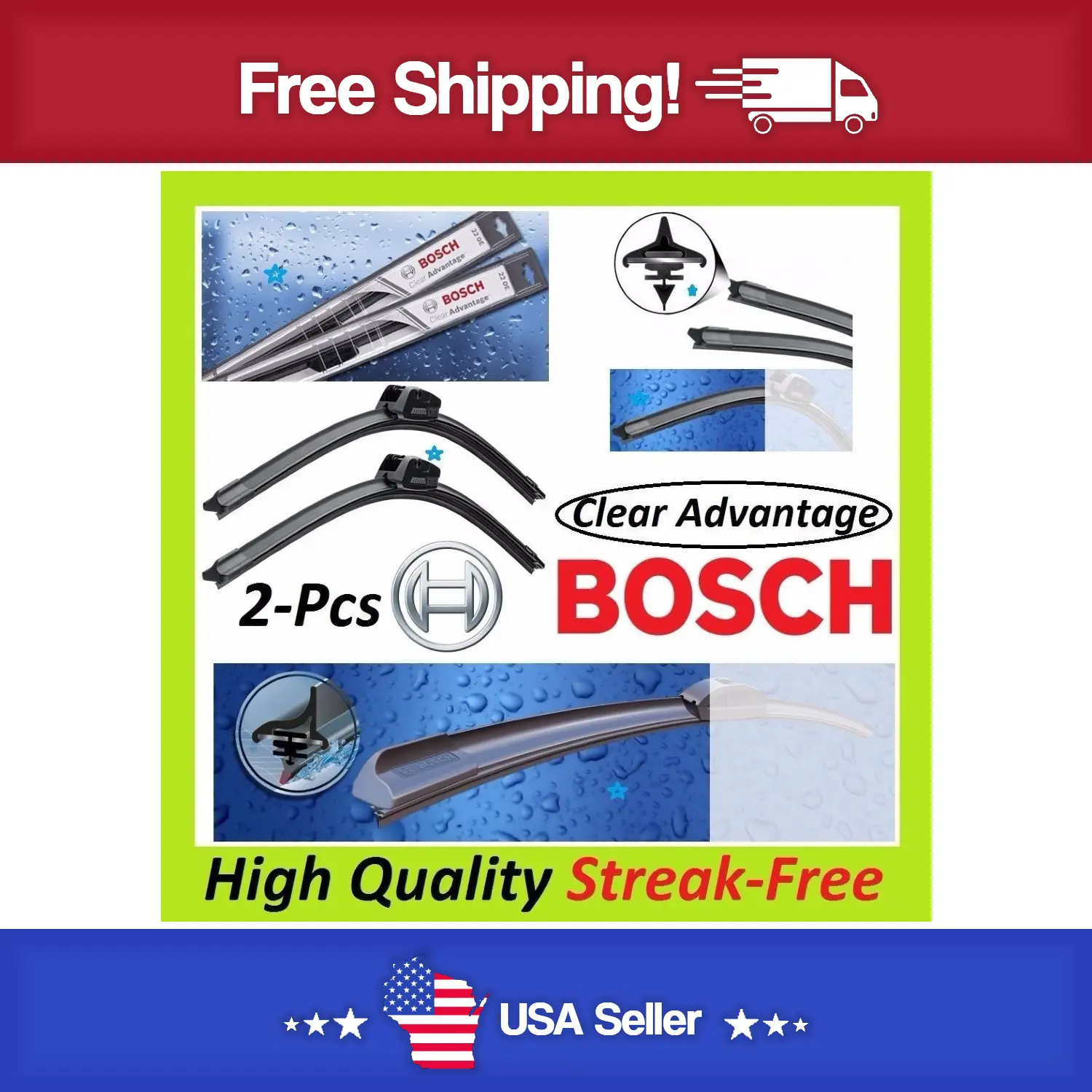 Set of 2 BOSCH Clear Advantage Wiper Blade Front Left+Right 24" & 18"