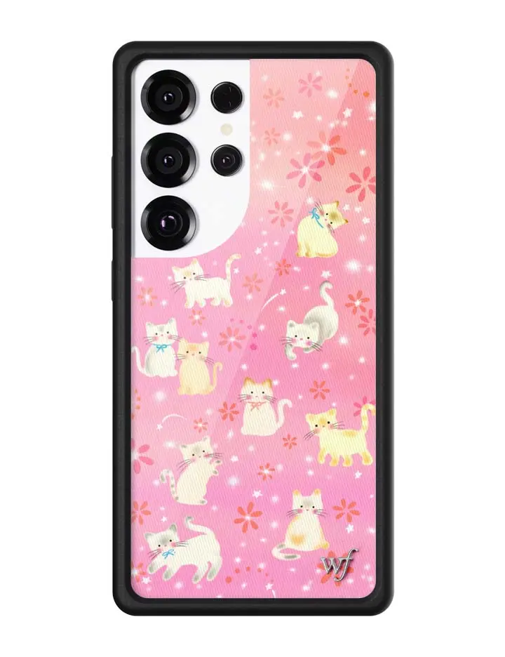 Claire Drake Collab | Limited Edition Trendy Samsung Galaxy Case | Raised Protective Black Bumper | Women Owned Small Business | Aesthetic Collaboration Pretty Pink Background White and Tan Kittens | Safety Casing Protective | Gift for Her