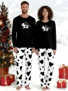 Couple Christmas cow pattern "moo" pattern pajama set