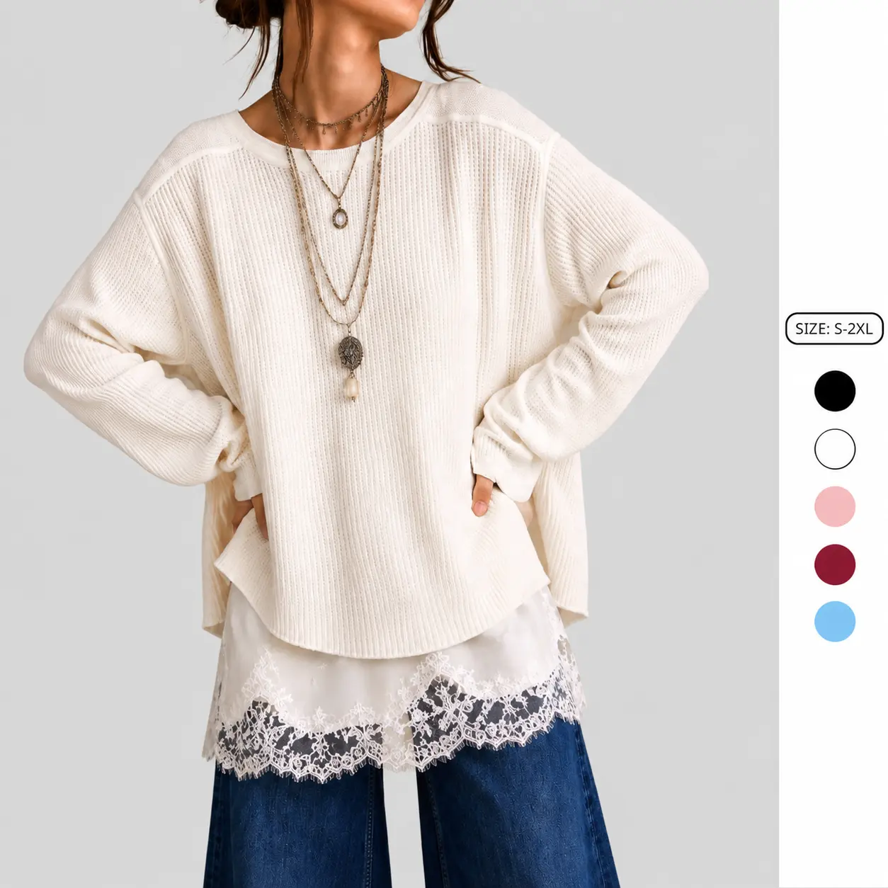 Imily Bela Women’s Oversized Waffle Knit Top Long Sleeve Crew Neck Casual Loose Fit Pullover Shirt Lightweight Tunic Blouse