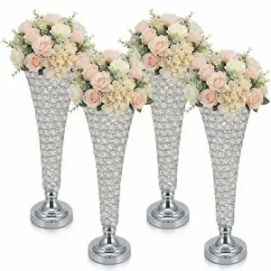 4Pcs 20" Gold Crystal Trumpet Vases for Wedding Centerpieces | Elegant Metal Floral Stand with Non-Slip Base | Luxurious Flower Arrangement for Party, Reception, Home Decor