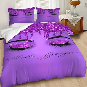 Glamorous Purple Glitter Decorative Duvet Cover Set, Stunning Dripping Effect Bedding Set, Elegant Eye Design with Cursive 'Hello Gorgeous', Perfect for Bedroom Decor, Soft and Cozy Fabric, Contains 1 duvet cover, 1 or 2 pillowcases (without filling)