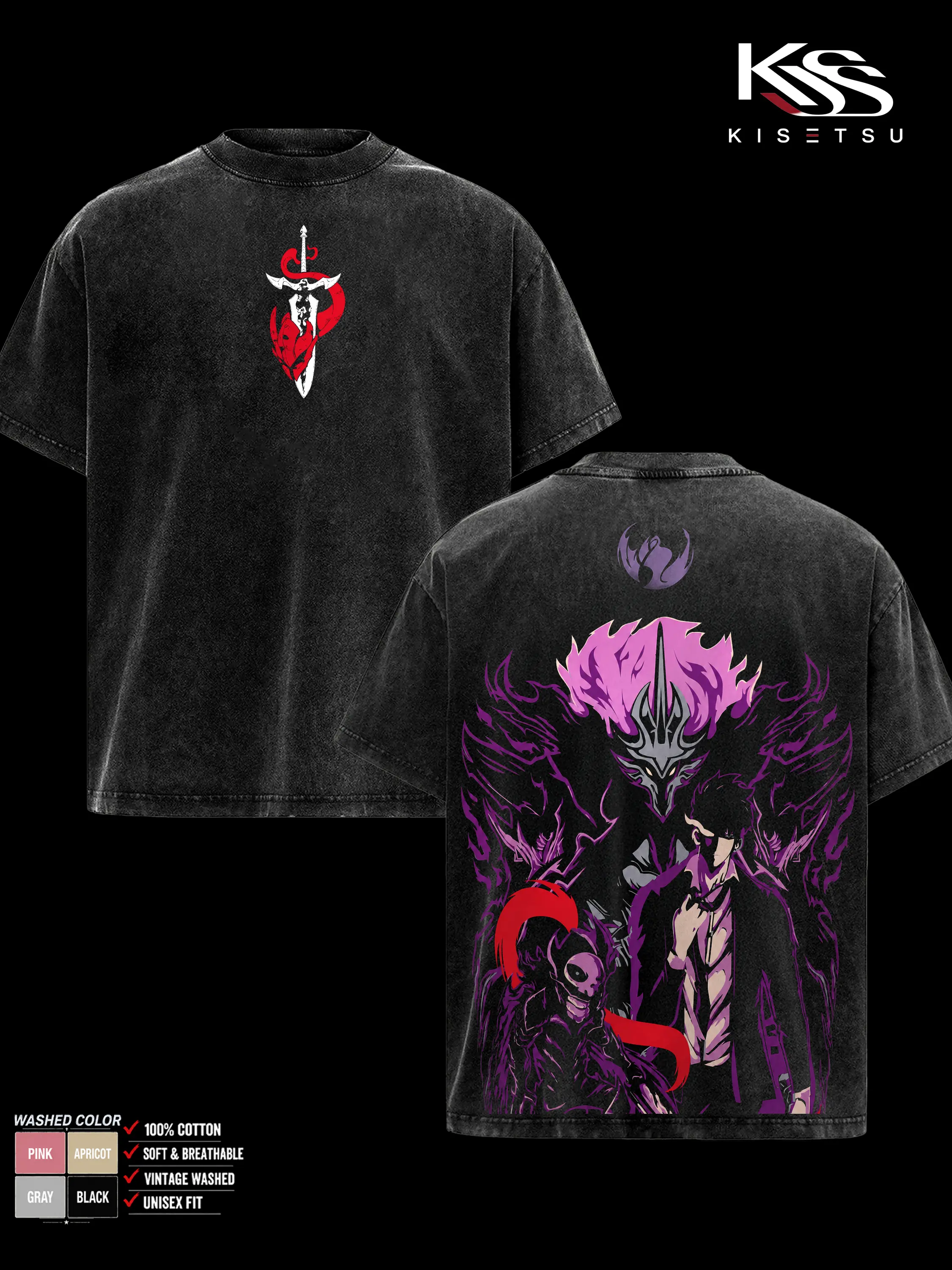 Sung Jinwoo Shadow Monarch Solo Leveling Double Sided Graphic Tee, Oversized Vintage Washed Anime T-Shirt, Soft Cotton Crewneck Menswear, Casual Unisex Streetwear, Gift for Anime Fans