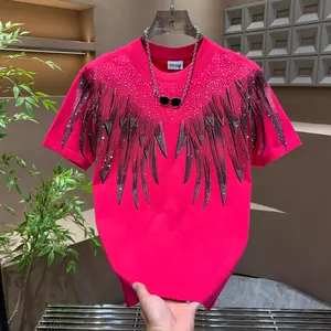 Summer New Men's Short Sleeve T-Shirt American Style Trendy Brand Personality Wing Print Rhinestone Luxury Versatile Crew Neck Top streetwear vacation outfits