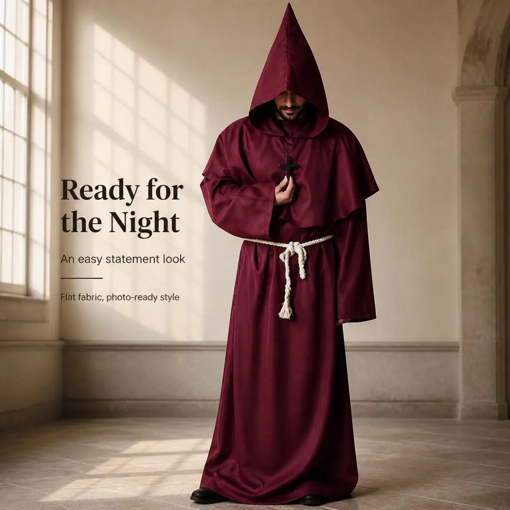 Men's Burgundy Medieval Monk Hooded Robe Costume - Friar Long Robe with Rope Belt, Cross Necklace, Vintage Priest Tunic for Halloween, Renaissance Fair, Themed Events Classic Menswear Bell Cape