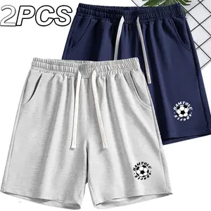 2Pack Men's Casual Soccer Graphic Shorts, Comfortable Loose Fit Summer Shorts, Elastic Waist Breathable Jogging Shorts for Indoor & Outdoor Wear