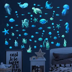 Underwater Animal Pattern Wall Sticker, 1 Set Removable Waterproof Glow-in-the-dark Wall Sticker, Decorative Sticker For Home Bedroom Living Room