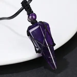 Adjustable Healing Crystal Necklace with Purple Amethyst Pendant Black Cord Energy Balance Hand Star Octahedral Diamond-Cut Pendant 15.35-30.71 Inches Chain Length Mother's Day Gift