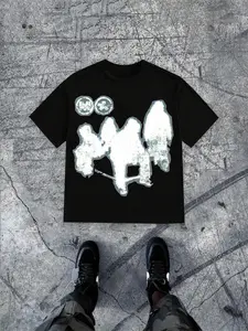 Men's Ghost Print Round Neck Tee, Loose Casual Fashion Streetwear Short Sleeve T-shirt for Daily Wear, Men's Top for All Seasons, Tropical, Casual Fit Streetwear