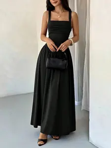 1 Piece Square Neck Ruched Cami Maxi Fit Dress, Elegant Formal Dating Party Dress, Chic Womenswear