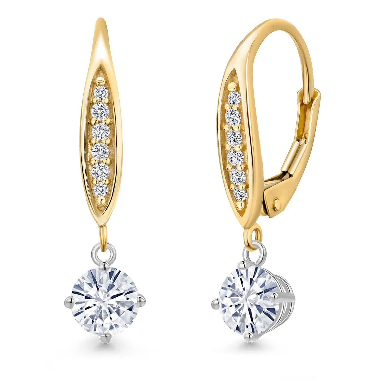 925 Silver and 10K Yellow Gold White Moissanite and Lab Grown Diamond Dangle Earrings for Women | 1.09 Cttw | Gemstone Birthstone | Round 5MM
