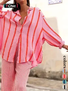 Women's Striped Print Long Sleeve Shirt Blouse, Elegant Casual Button Front Top for Daily Wear, Ladies Clothes for All Seasons