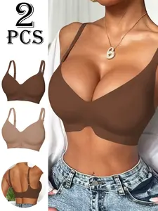 Women's V Neck Wireless Bra with Removable Pads, Soft Breathable Comfort Design, Adjustable Straps, All-Season Elegant Plain Color