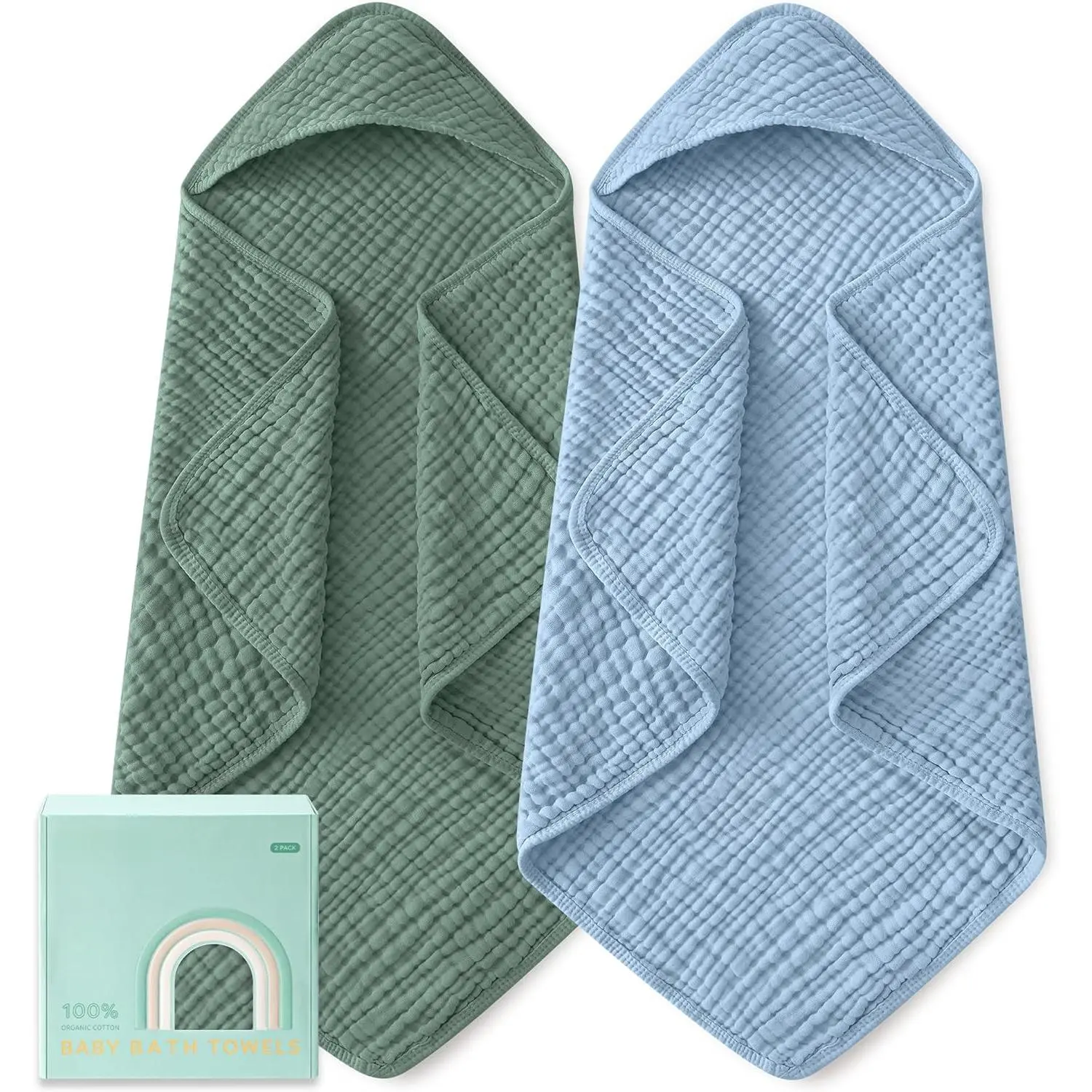Newborn Hooded Bath Towel 2 Pack 100% Pure Organic Cotton Soft Absorbent Large 32x32inch Baby Towels for Infants Toddlers Children Essential Newborn Bath Essentials
