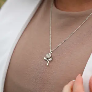 Mini Rose With Stem Silver Necklace