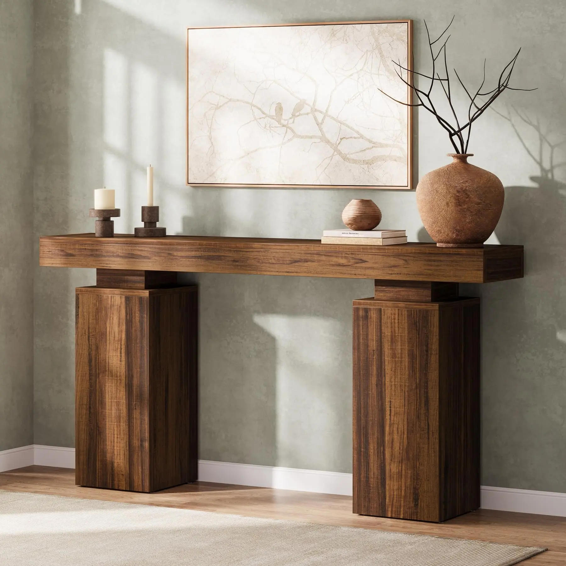 LustreC 63-Inch Rustic Classic Country Style Farmhouse Rectangle Wooden Console Table - Durable, Versatile and Sturdy Natural Wood Finish Furniture, Assembly Required for Living Room Foyer (Enhances Living Room Decor), Rustic Style