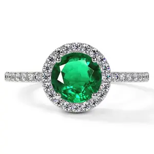 Classic Round Emerald Halo Ring with Prong Set Diamonds (1.55cttw)- REM001-7X7-AAA