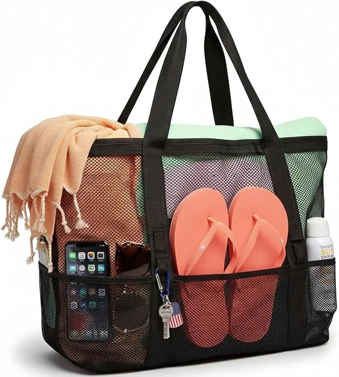 Large Mesh Beach Tote Bag with 9 Pockets, Family Pool & Beach Bag, Sandproof Swim Bag for Towels, Toys, Cruise, Travel & Summer Vacation Essentials
