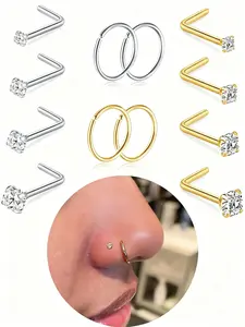 Stainless Steel Nose Ring Set, 20g L-Shaped Studs, Silver Color, Hypoallergenic Zircon Jewelry for Men Women