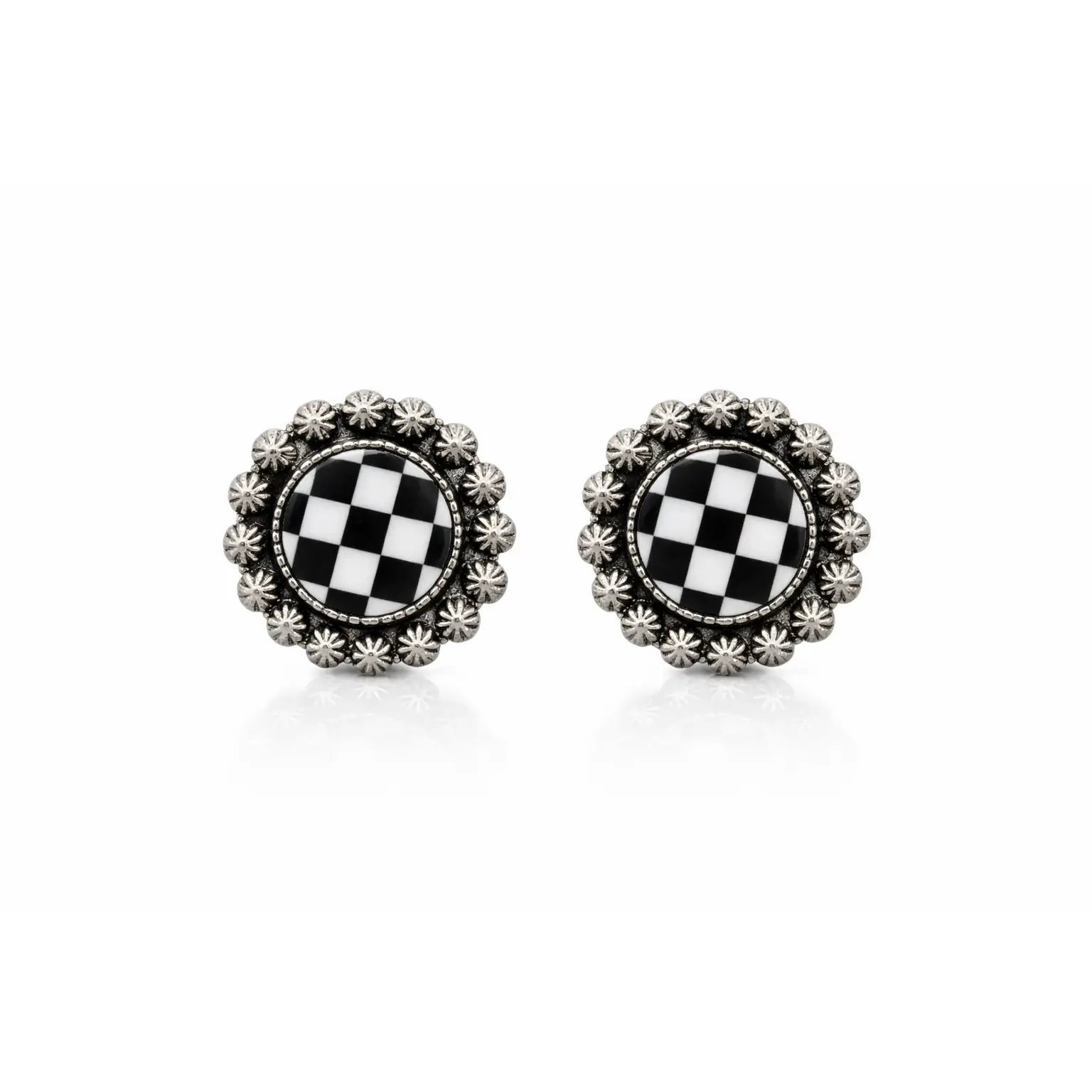 Women's Oversized Checkered Stud Earrings, Western Style with an Antiqued Silver Concho Frame, Bold High Contrast Jewelry for Cowgirls