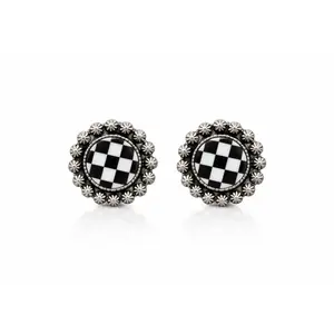 Women's Midnight Checkered Concho Stud Statement Earrings with Metal Coating