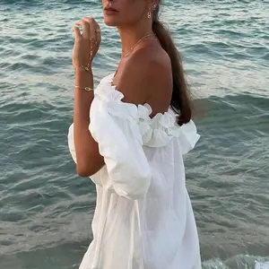 2025 Spring/Summer European and American Women’s Fashion Off-Shoulder Sexy Puff Sleeve Solid Color Ruffle Vacation Beach Dress