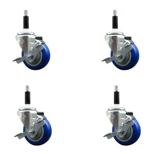 Service Caster SCC-EX20S3514-PPUB-BLUE-TLB-78-4 Lockable Polyurethane Swivel Expanding Stem Caster with 3.5 in. Blue Lockable Wheels, 0.87 in. Stems, & Knobs - Set of 4, Furniture Moving Hardware