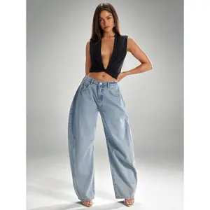 Women's Casual Loose Fit Barrel Leg Baggy Jeans With Pockets, Versatile