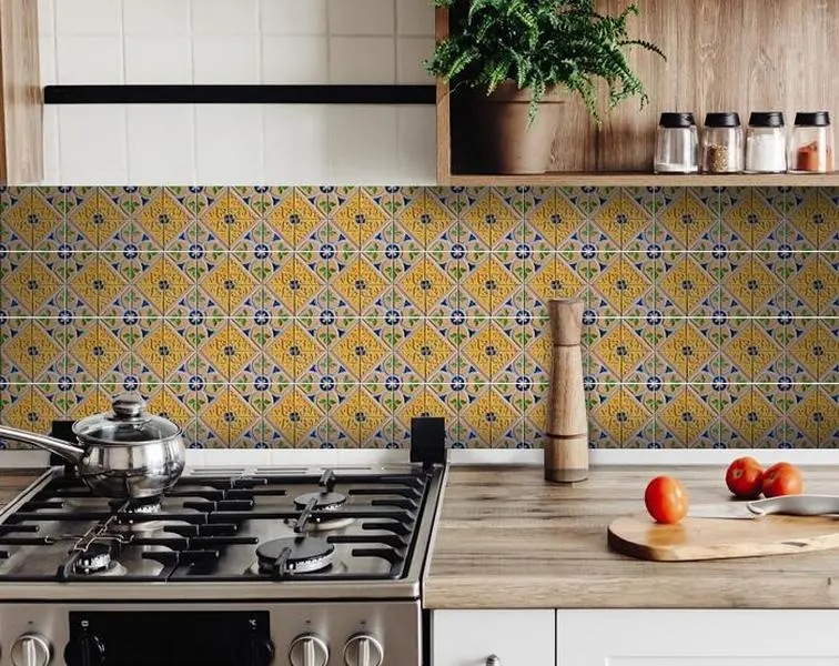 212 MAIN 7"x7" Square Adhesive Film Floor Stickers, Durable Peel-Stick Easy-Remove Vinyl Tiles, Colorful Yellow-Blue Provence Style, 24 Sheets, Decor for Kitchen Backsplash, Ideal for Homeowners