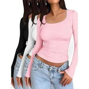Women's Slim-Fit Long Sleeve Square Neck T-Shirt Set, Cute Style, Moderate Fabric Thickness, All Seasons Wear, 3-Piece Combo Pack, Tops