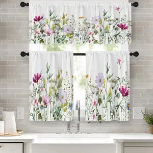 3pcs Spring Flower Kitchen Window Curtains Valance And Tier Set 36 Inch, Pink And Purple Floral Summer 3pcs Set Short Curtains for Window Treatment Tiers for Living Room Bedroom Foldable Divider Colorful