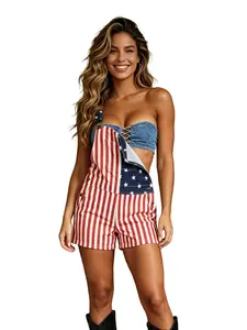 Women 250th Anniversary Shorts 4th of July American Flag Overalls USA Stretchy Denim Romper Memorial Day Coveralls Patriotic Gifts for Mom Workwear Summer Jumpsuits Fashion Womenswear Daily Outdoor Outfits