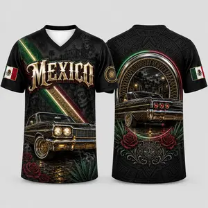 Mexican-Inspired Black Lowrider V-Neck Graphic Shirt, Classic Car Rose Print Short Sleeve Sports Top, Latin Streetwear Casual Shirt for Men
