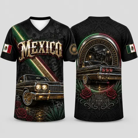 Men's V-Neck Lowrider Graphic Short Sleeve Jersey Top - Metallic Black Bold Black Graphic Layout, Colorful Stripe Accents, Lightweight Casual Fit, Double-Sided Latin Lowrider Car Artwork, Easy Festival & Party Wear for Cultural Events | Sports Top