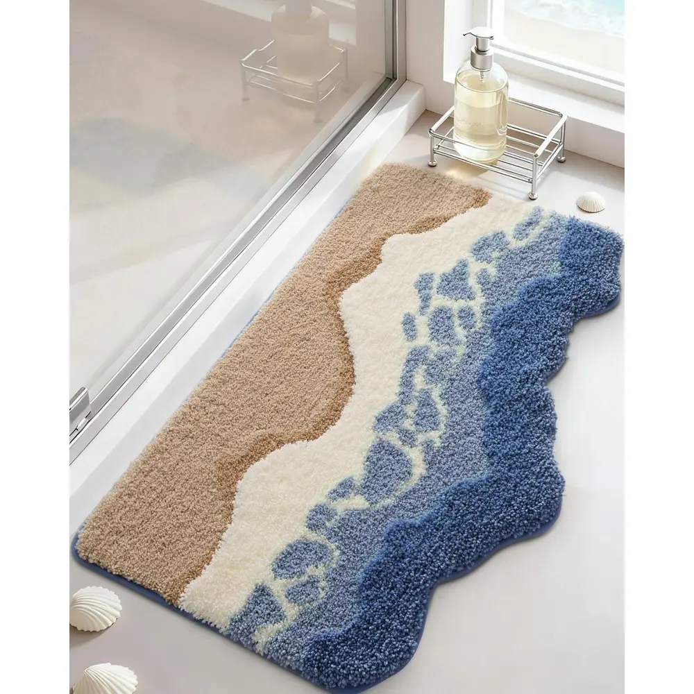 Coastal Waves Bath Mat - Soft and Absorbent, Ideal for Bathroom Use, Features a Gradient Design with Blue, White, and Beige Tones