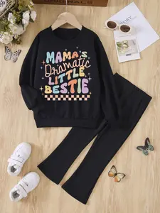Two-Piece Set Toddler Girl's Letter Graphic Sweatshirt & Plain Flare Leg Pants Set, Casual Round Neck Long Sleeve Pullover & Elastic Waist Bell Bottom Trousers for Fall & Winter, Kids Clothes for Daily Wear