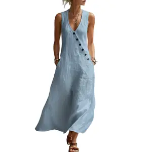 Boho Linen Maxi Dress - Perfect for Beach, Vacation & Brunch! Sleeveless V-Neck Button Detail Casual Dress with Pockets # SleevelessDress # CasualDress # SummerDress # BohoFashion # VNeckDress # DressesForWomen # Outfit of the Day