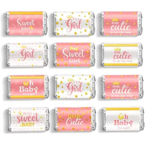90 Pieces Pink Girl Style Baby Shower Mini Candy Bar Wrappers Chocolate Bar Label Stickers for Baby Shower Decor