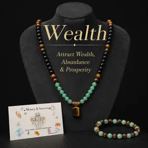 LUMINAVA Money Attraction Necklace & Bracelet Set, Tiger's Eye and Jade Style Beaded Jewelry, Feng Shui Wealth Protection Crystal Gift for Women and Men