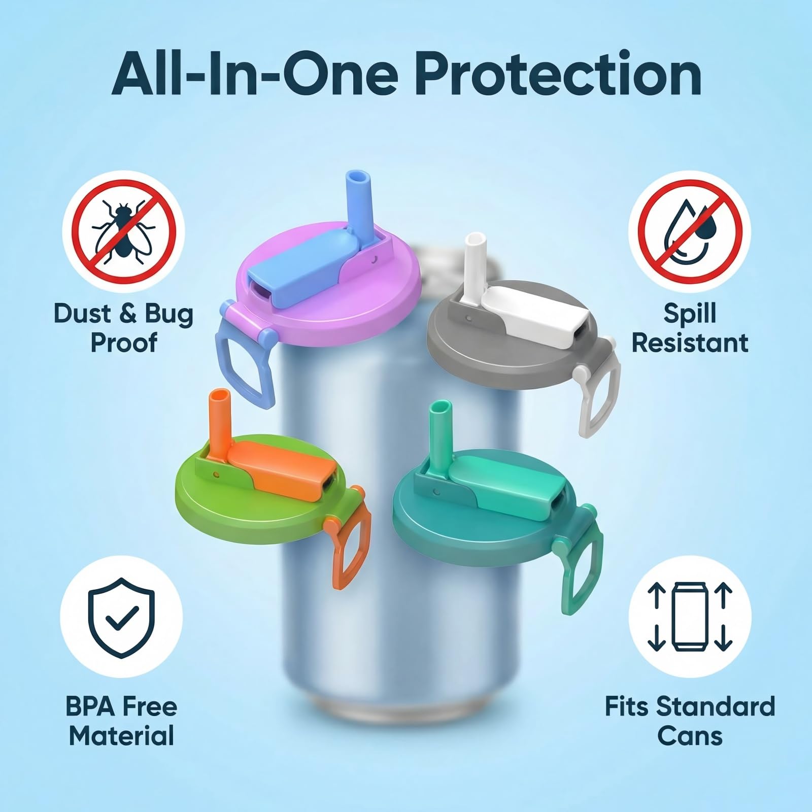 4 PCS Reusable Soda Can Lids with Straw, BPA-Free Drink Covers with Silicone Straws, Leak-Resistant Can Topper for Soda, Juice & Beverages